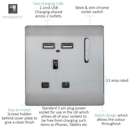 Trendi 1 Gang Artistic Modern Glossy 13 Amp 2 x 2.1mA USB Switched Plug Socket Stainless Steel