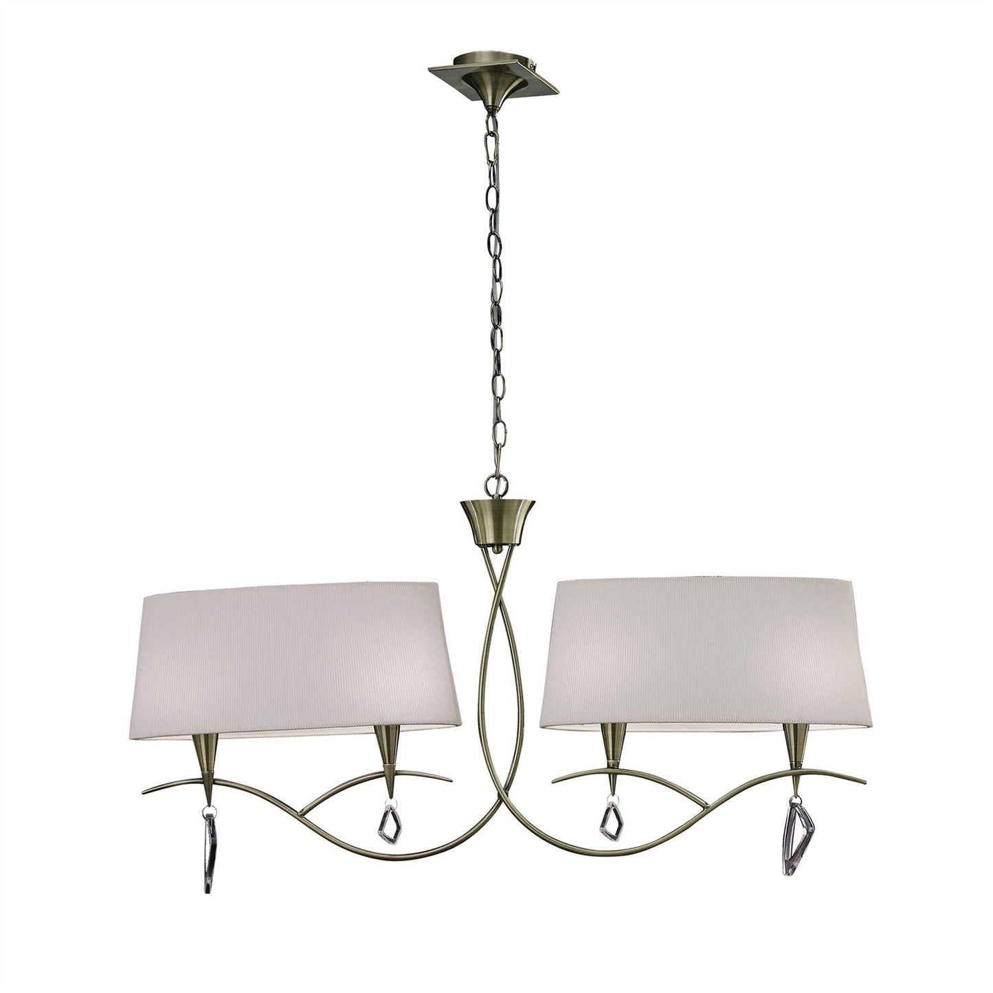 Mantra Mara Linear Pendant 2 Arm 4 Light E14, Antique Brass with Ivory White Shades