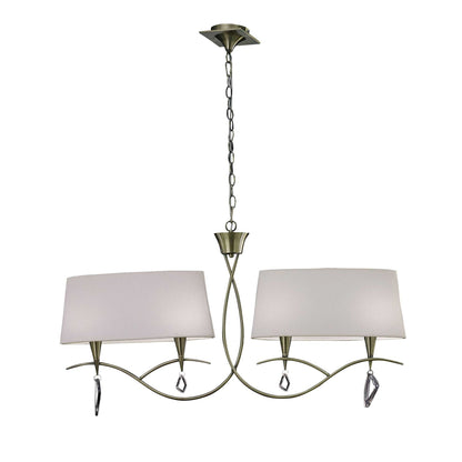 Mantra Mara Linear Pendant 2 Arm 4 Light E14, Antique Brass with Ivory White Shades