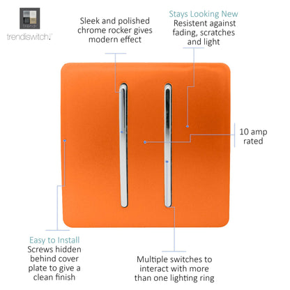 Trendi 2 Gang 2 Way 240V Screwless Artistic Modern Glossy 10 Amp Chrome Rocker Electrical Wall Light Switch in Sunset Orange (2 pack)