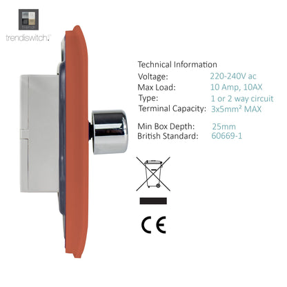 Trendi 4 Gang 2 Way 240V 100w LED Dimmer Screwless Raised Front Plate Plastic Artistic Modern Glossy 10 Amp Chrome Single Electrical Wall Light Switch in Copper - ART-4LDMCPR