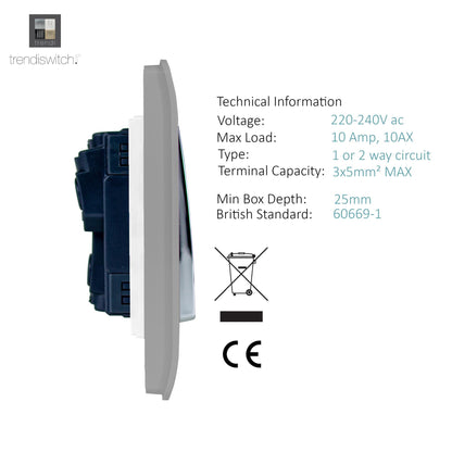 Trendi 1 Gang 2 Way 240V Screwless Artistic Modern Glossy 10 Amp Chrome Rocker Electrical Wall Light Switch in Light Grey (2 pack)