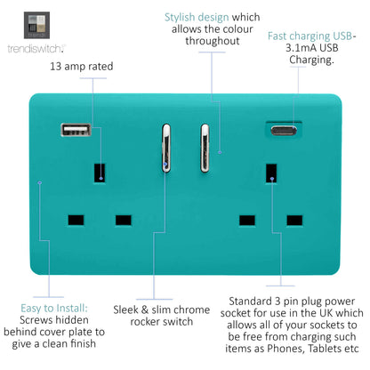 Trendi 2 Gang Artistic Modern Glossy 13 Amp 2 x Type A & C 3100 mA USB Switched Plug Socket Bright Teal