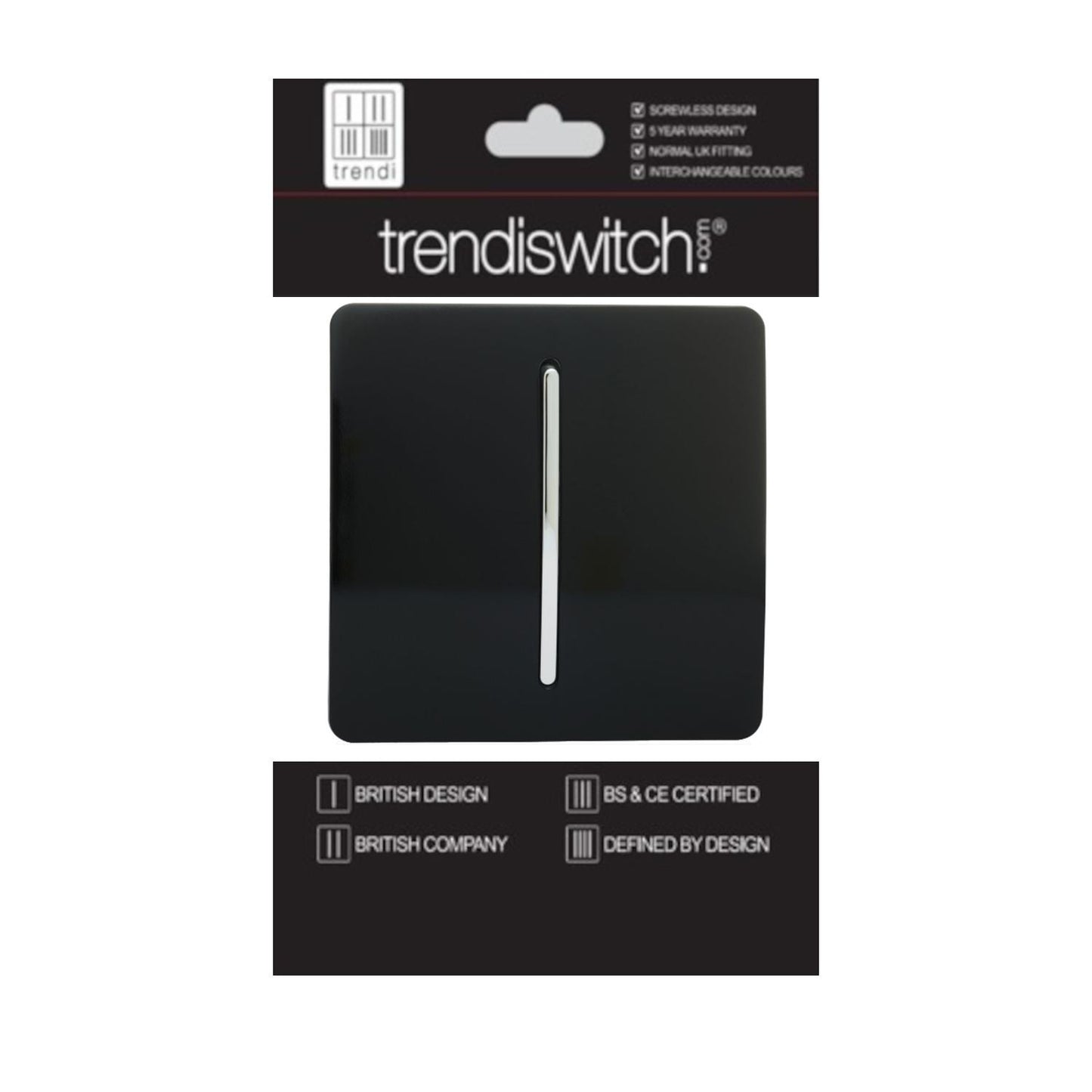 Trendi 1 Gang 2 Way 240V Screwless Artistic Modern Glossy 10 Amp Chrome Rocker Electrical Wall Light Switch in Piano Black (5 pack)