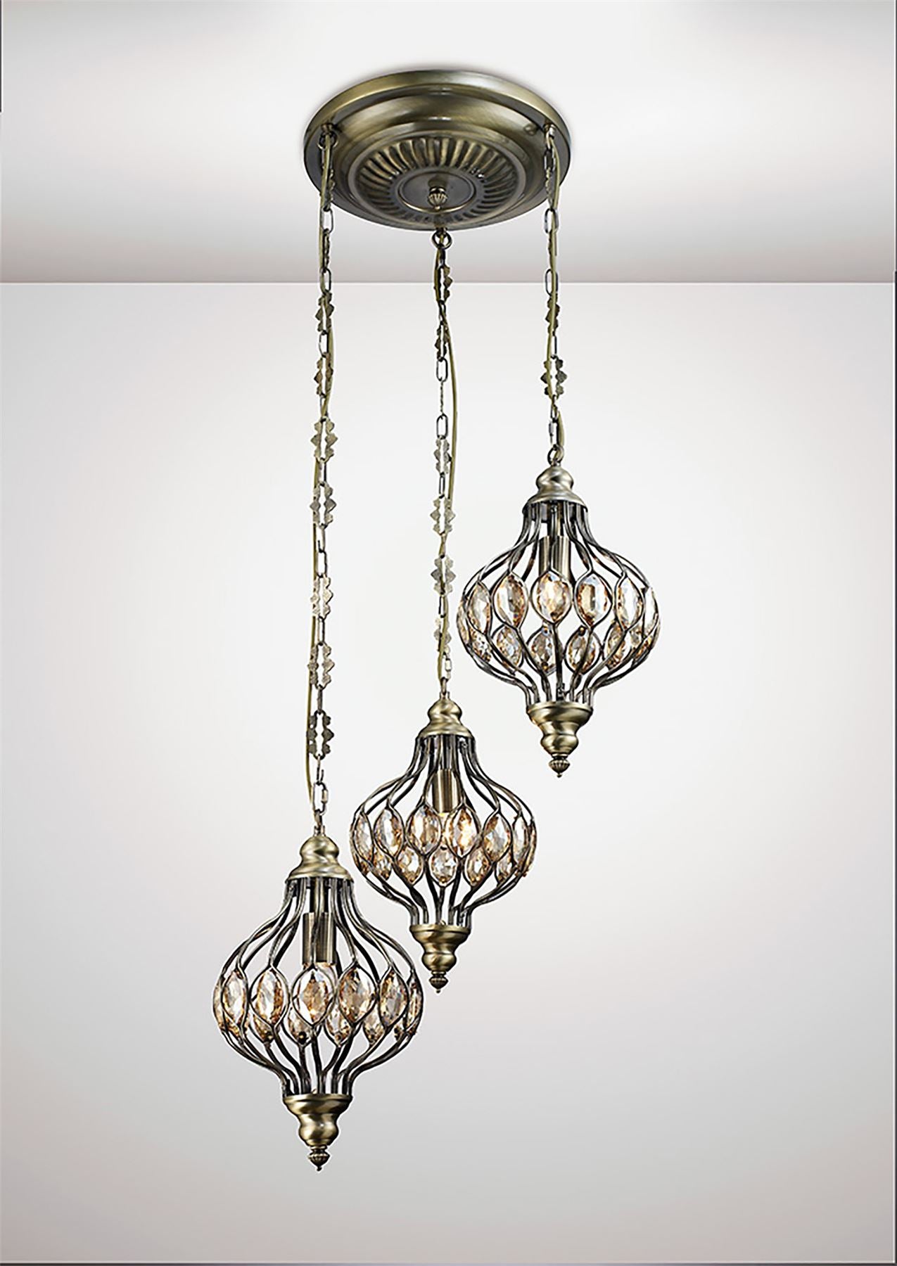 Diyas Marisa Triple  Round 3 Light E27 Antique Brass/Amber Crystal Ceiling Pendant Light Fitting