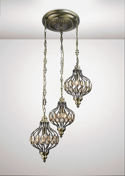 Diyas Marisa Triple  Round 3 Light E27 Antique Brass/Amber Crystal Ceiling Pendant Light Fitting