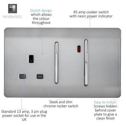 Trendi Artistic Modern Glossy 45 A Cooker Switch & Plug Socket Inc Neon Insert  Stainless Steel