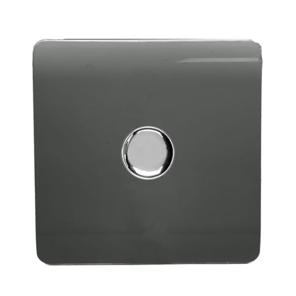 Trendi 1 Gang 2 Way 240V 100w LED Dimmer Screwless Raised Front Plate Plastic Artistic Modern Glossy 10 Amp Chrome Single Electrical Wall Light Switch in Charcoal - ART-LDMCH