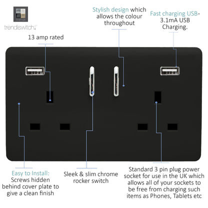 Trendi 2 Gang Artistic Modern Glossy 13 Amp 2 x 3.1mA USB Switched Plug Socket Matt Black