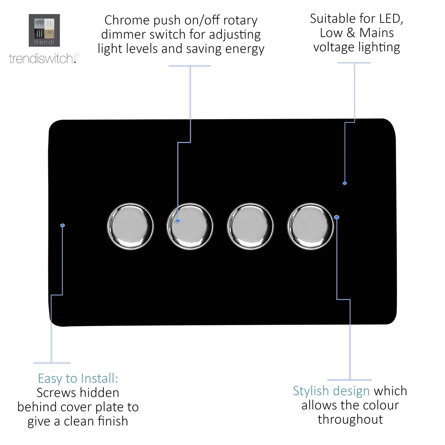 Trendi 4 Gang 2 Way 240V 100w LED Dimmer Screwless Raised Front Plate Plastic Artistic Modern Glossy 10 Amp Chrome Single Electrical Wall Light Switch in Piano Black - ART-4LDMBK