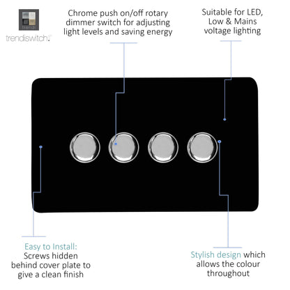 Trendi 4 Gang 2 Way 240V 100w LED Dimmer Screwless Raised Front Plate Plastic Artistic Modern Glossy 10 Amp Chrome Single Electrical Wall Light Switch in Piano Black - ART-4LDMBK