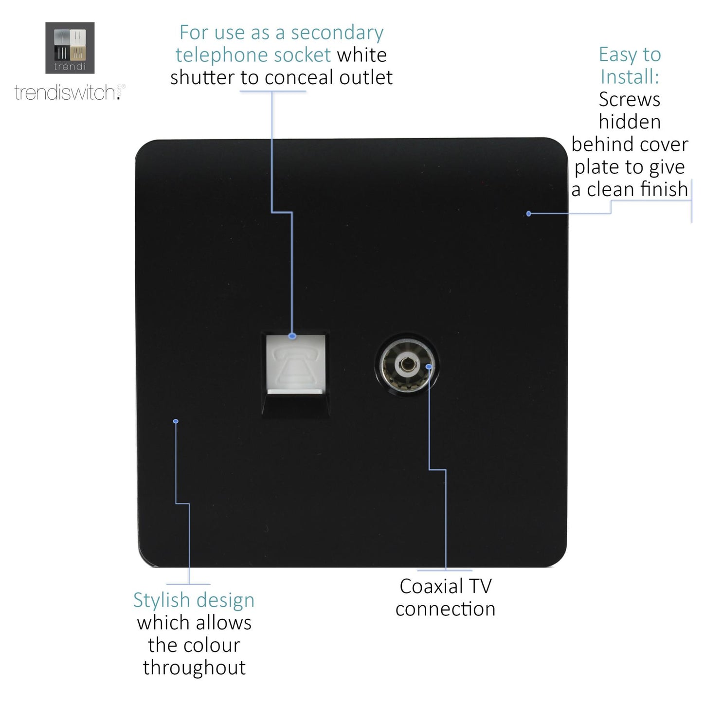 Trendi TV Co-axial Socket + Telephone Socket Matt Black Soft Touch