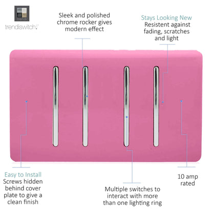 Trendi Artistic Modern Glossy 4 Gang 2 Way  Rocker Double Plate Tactile Light Switch Pink