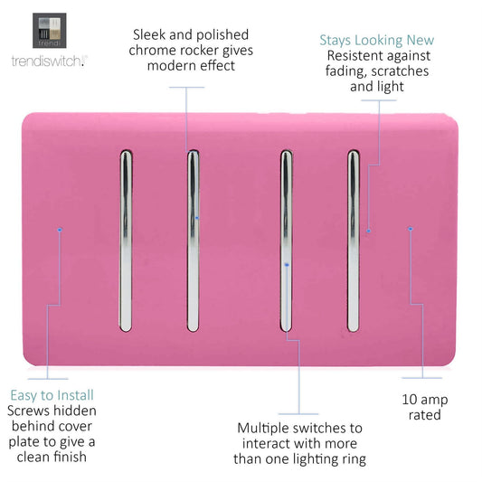 Trendi Artistic Modern Glossy 4 Gang 2 Way  Rocker Double Plate Tactile Light Switch Pink