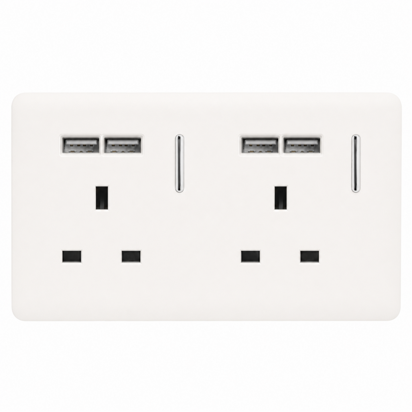 Trendi 2 Gang 13 Amp 4 x 2.1mA Type A USB Switched Plug Socket in Matt White - ART-SKT213USBMWH