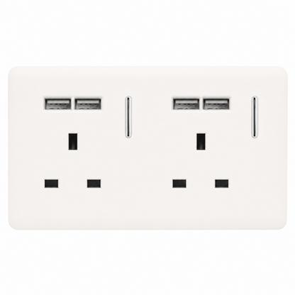 Trendi 2 Gang 13 Amp 4 x 2.1mA Type A USB Switched Plug Socket in Matt White - ART-SKT213USBMWH