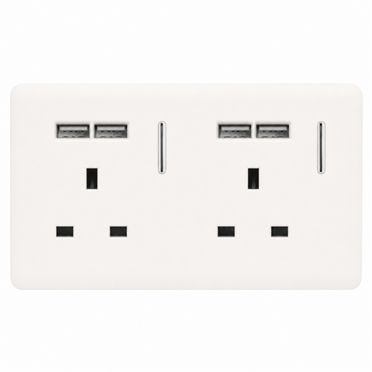 Trendi 2 Gang 13 Amp 4 x 2.1mA Type A USB Switched Plug Socket in Matt White - ART-SKT213USBMWH