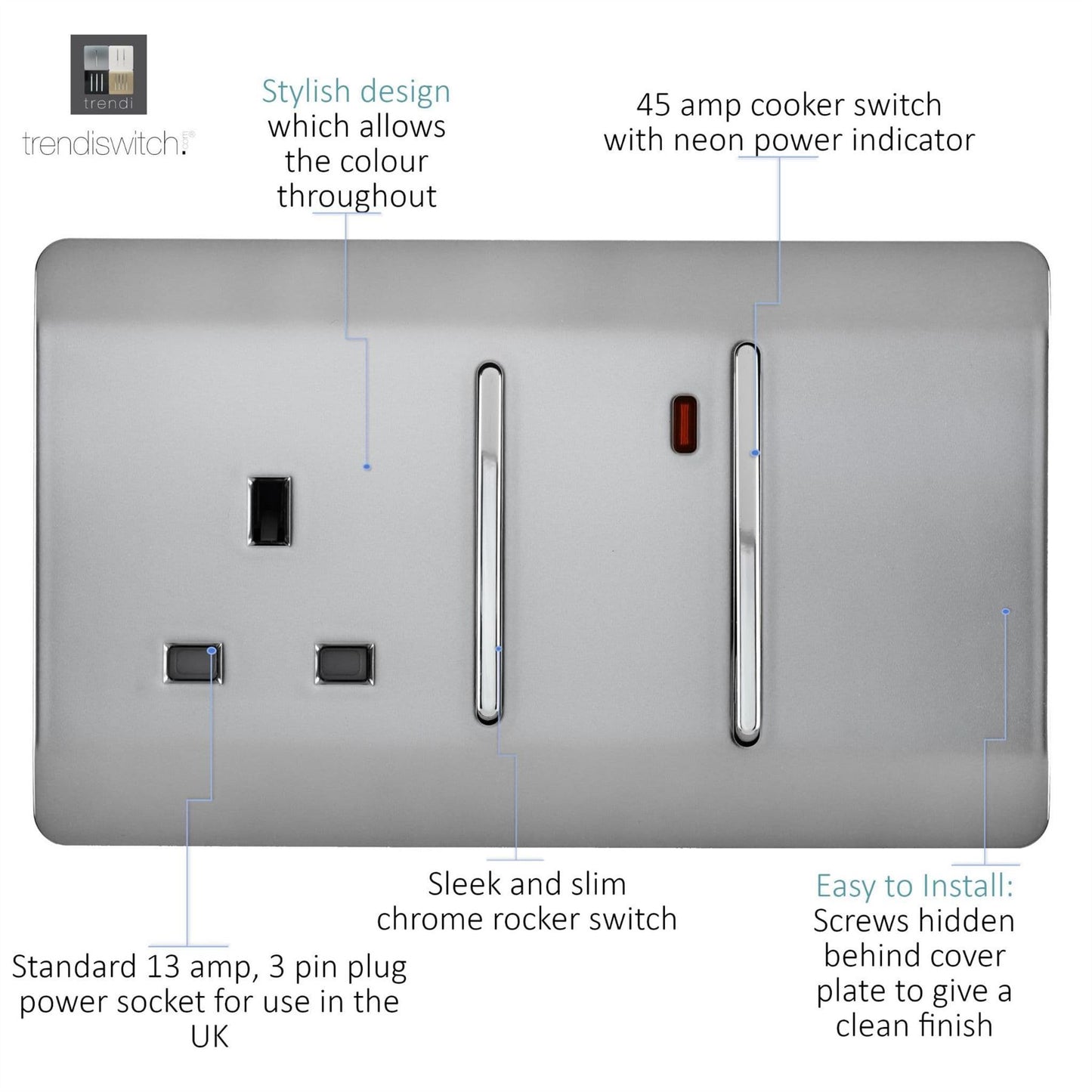 Trendi Artistic Modern Glossy 45 A Cooker Switch & Plug Socket Inc Neon Insert  Stainless Steel
