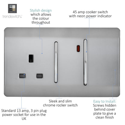 Trendi Artistic Modern Glossy 45 A Cooker Switch & Plug Socket Inc Neon Insert  Stainless Steel
