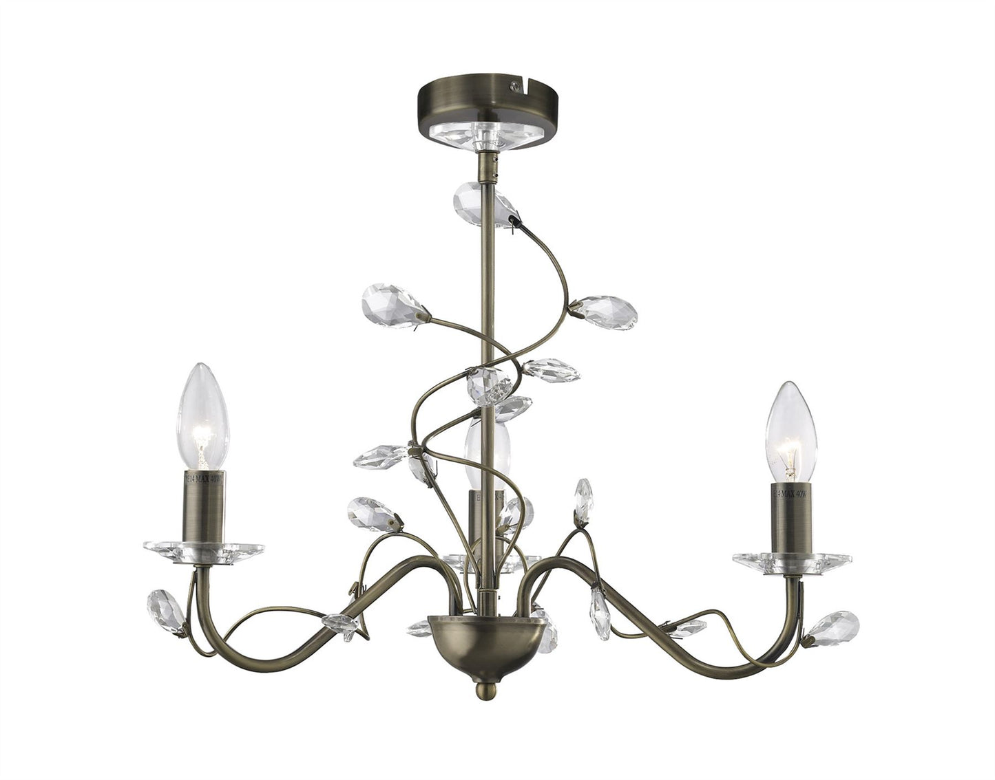 Diyas Willow 50cm  WITHOUT SHADE 3 Light E14 Antique Brass/Crystal Ceiling Pendant Light Fitting