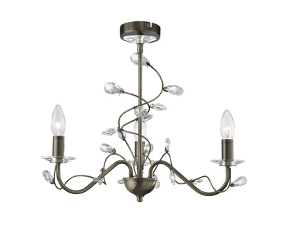 Diyas Willow 50cm  WITHOUT SHADE 3 Light E14 Antique Brass/Crystal Ceiling Pendant Light Fitting
