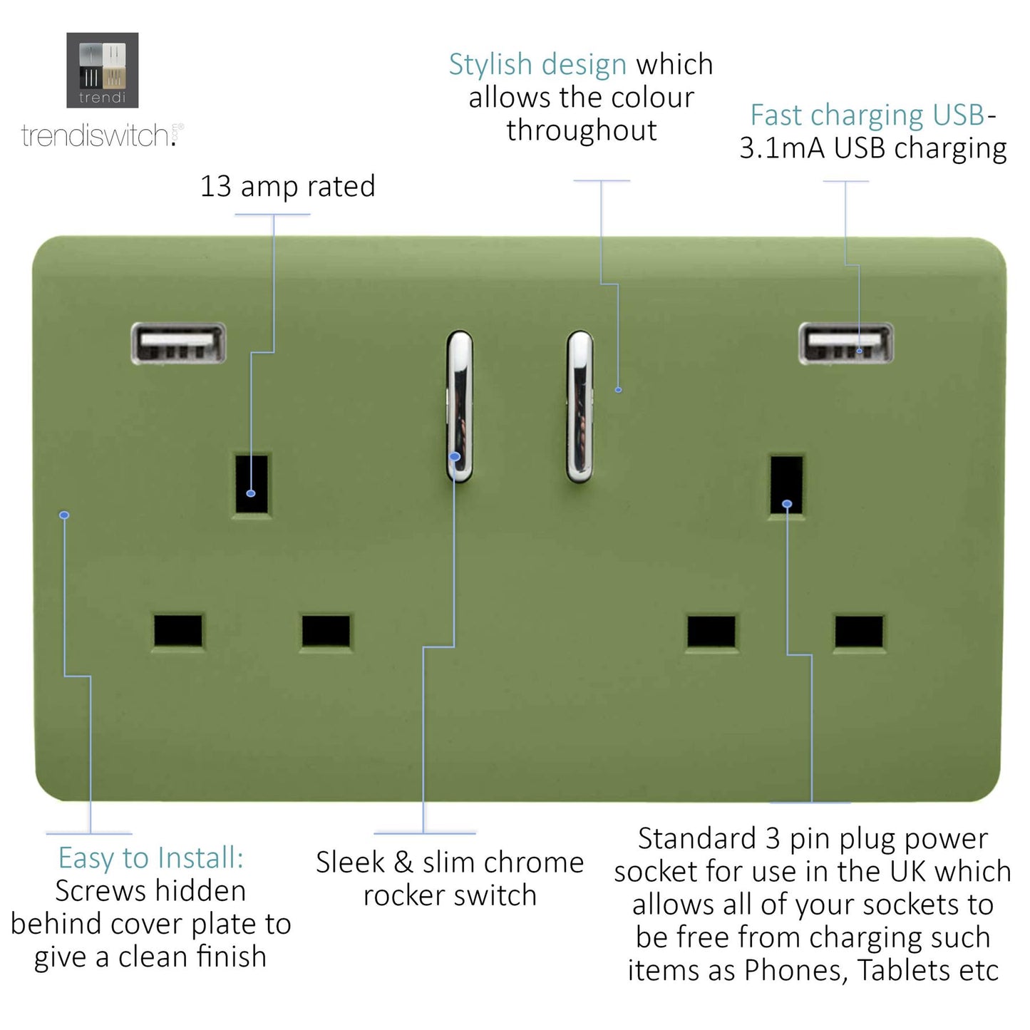Trendi 2 Gang Artistic Modern Glossy 13 Amp 2 x 3.1mA USB Switched Plug Socket Moss Green