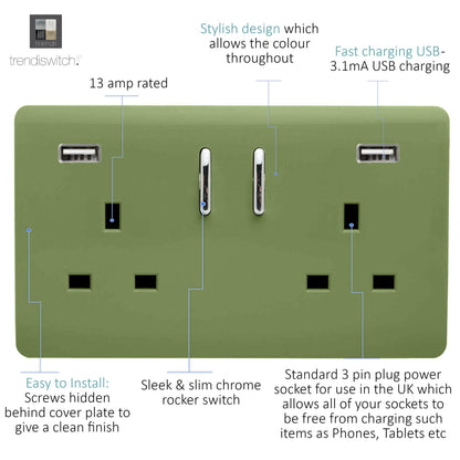 Trendi 2 Gang Artistic Modern Glossy 13 Amp 2 x 3.1mA USB Switched Plug Socket Moss Green