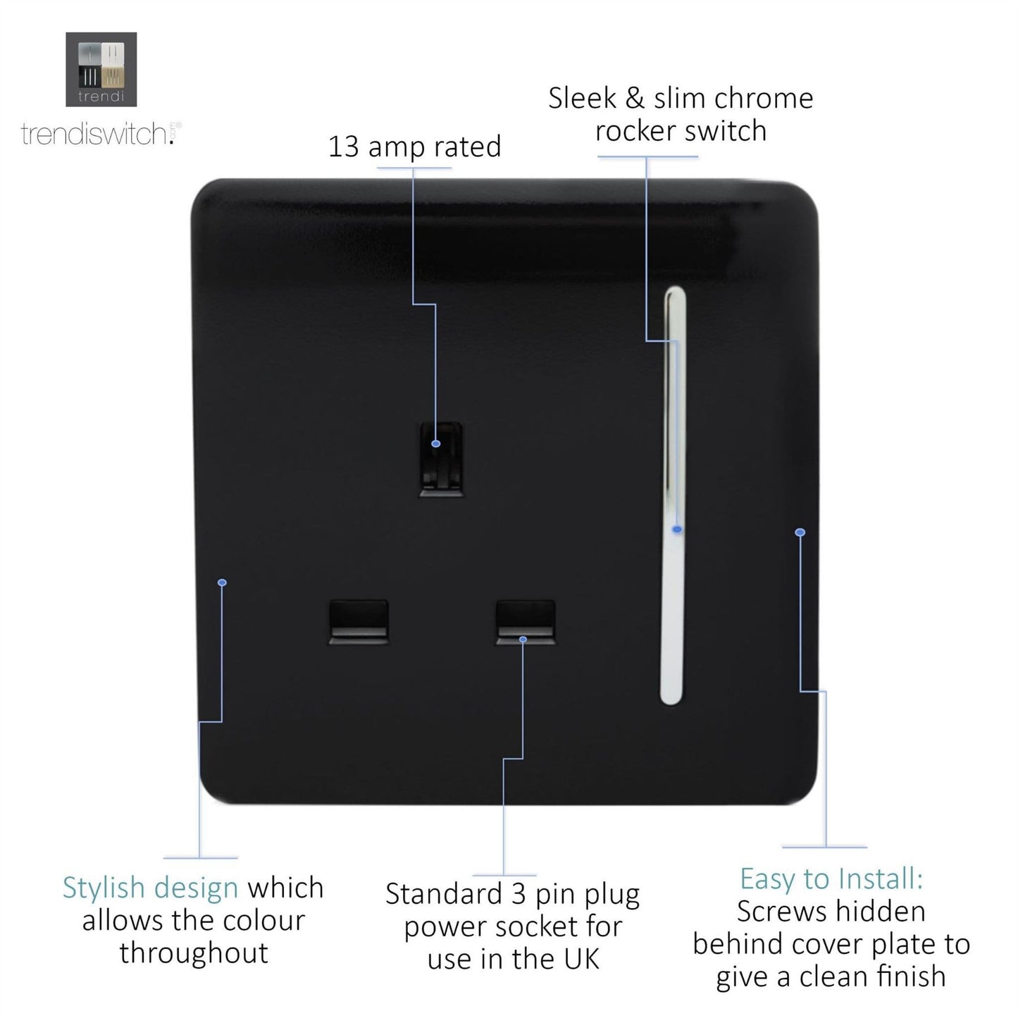 Trendi 1 Gang Artistic Modern 13 Amp Switched Plug Socket Black ART-SKT13BK