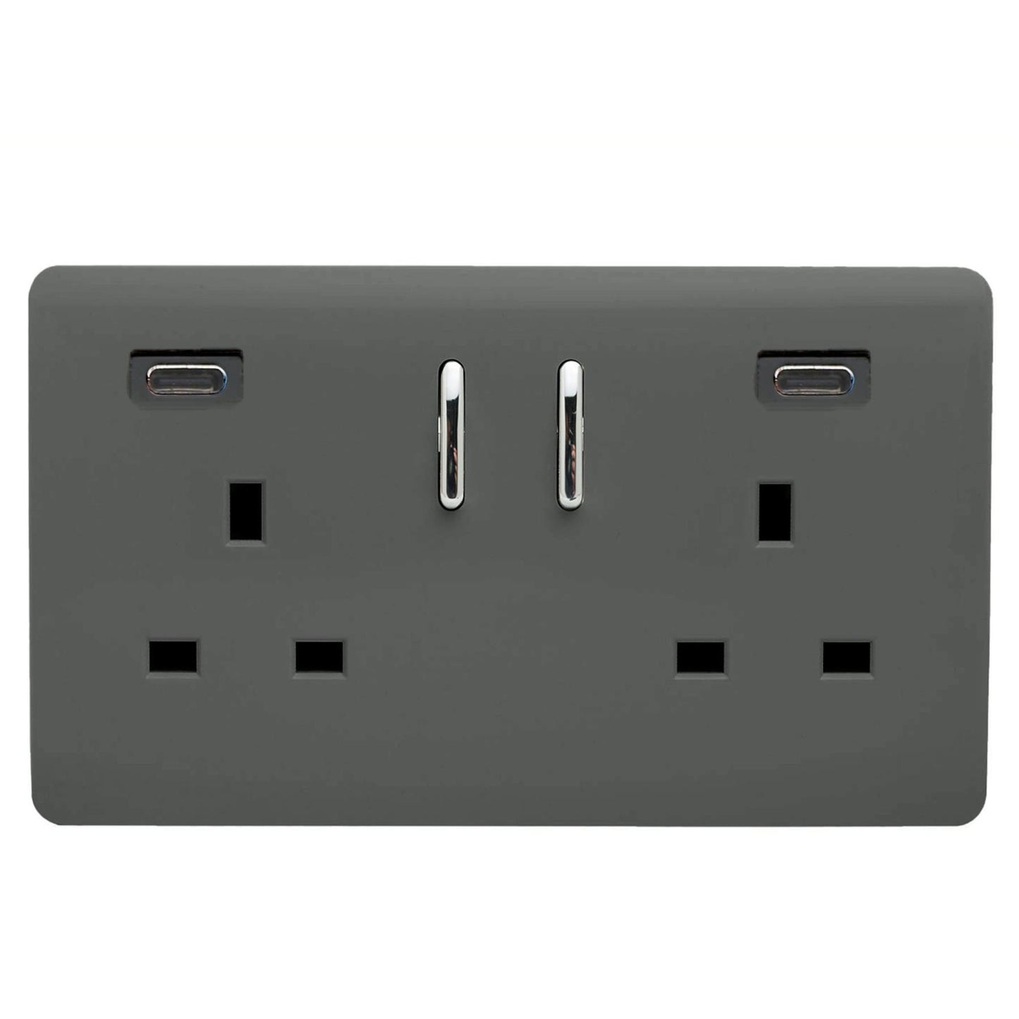 Charcoal Screwless 2 Gang Switched Double Socket 13A With 2 x USB-C 65W (Shared), (35mm Back Box Req.), 10yrs Warranty