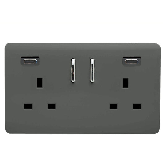Charcoal Screwless 2 Gang Switched Double Socket 13A With 2 x USB-C 65W (Shared), (35mm Back Box Req.), 10yrs Warranty