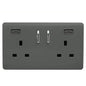 Charcoal Screwless 2 Gang Switched Double Socket 13A With 2 x USB-C 65W (Shared), (35mm Back Box Req.), 10yrs Warranty