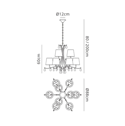 Mantra M6331 Andrea Pendant 88cm Round, 6+3 x E14 (Max 20W), Antique Brass, White Shades, White Crystal Droplets
