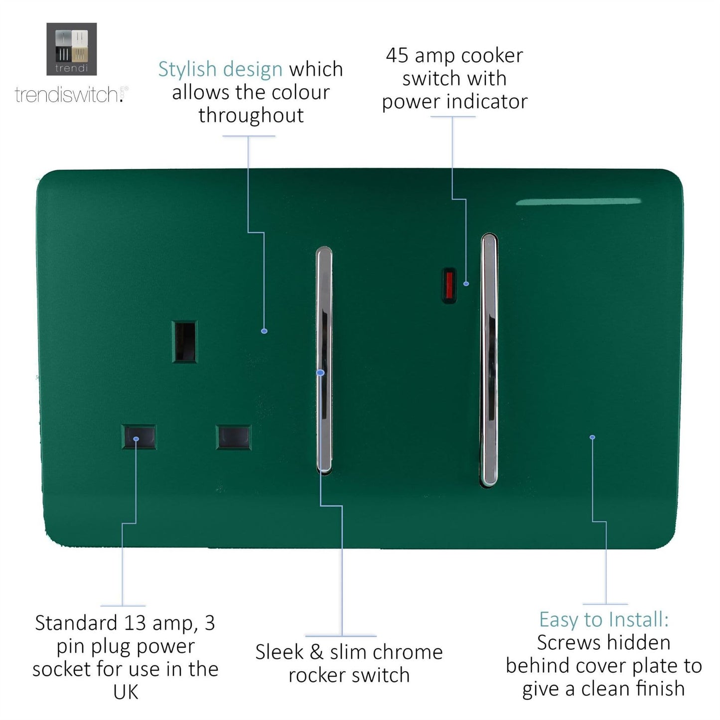 Trendi Artistic Modern Glossy 45 A Cooker Switch & Plug Socket Inc Neon Insert Dark Green