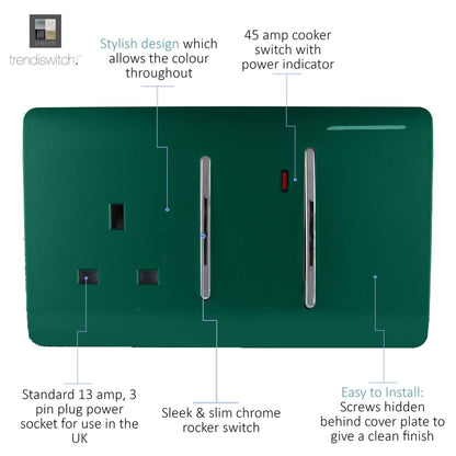 Trendi Artistic Modern Glossy 45 A Cooker Switch & Plug Socket Inc Neon Insert Dark Green