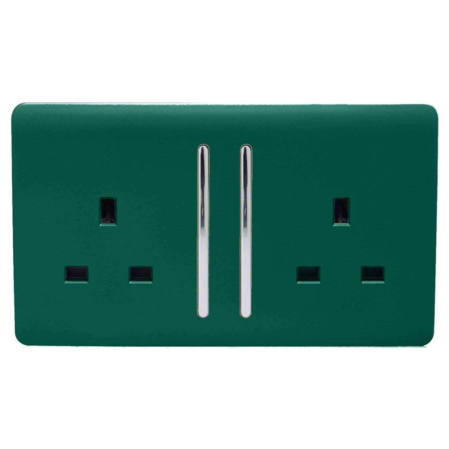 Trendi 2 Gang Raised Artistic Modern Glossy Screwless 13 Amp Single Pole with Chrome Switched UK Standard Electrical Double Wall Plug Socket in Dark Forest Green - ART-SKT213LDG