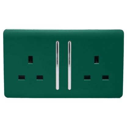 Trendi 2 Gang Raised Artistic Modern Glossy Screwless 13 Amp Single Pole with Chrome Switched UK Standard Electrical Double Wall Plug Socket in Dark Forest Green - ART-SKT213LDG