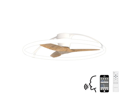 Nepal 105cm 75W LED Dimmable Ceiling Light With Built-In 35W DC Reversible Fan, White/Wood Finish c/w Remote, APP & Alexa/Google Voice Control, 7200lm