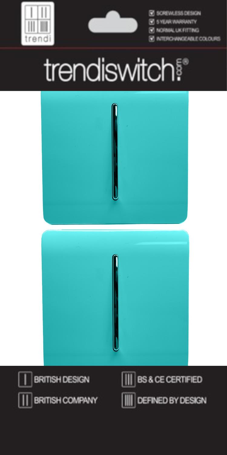 Trendi 1 Gang 2 Way 240V Screwless Artistic Modern Glossy 10 Amp Chrome Rocker Electrical Wall Light Switch in Bright Teal (2 pack)