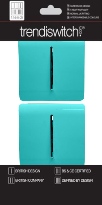 Trendi 1 Gang 2 Way 240V Screwless Artistic Modern Glossy 10 Amp Chrome Rocker Electrical Wall Light Switch in Bright Teal (2 pack)