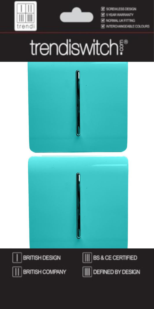 Trendi 1 Gang 2 Way 240V Screwless Artistic Modern Glossy 10 Amp Chrome Rocker Electrical Wall Light Switch in Bright Teal (2 pack)