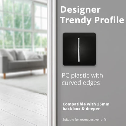 Trendi 1 Gang 2 Way 240V Screwless Artistic Modern Glossy 10 Amp Chrome Rocker Electrical Wall Light Switch in Piano Black (3 pack)
