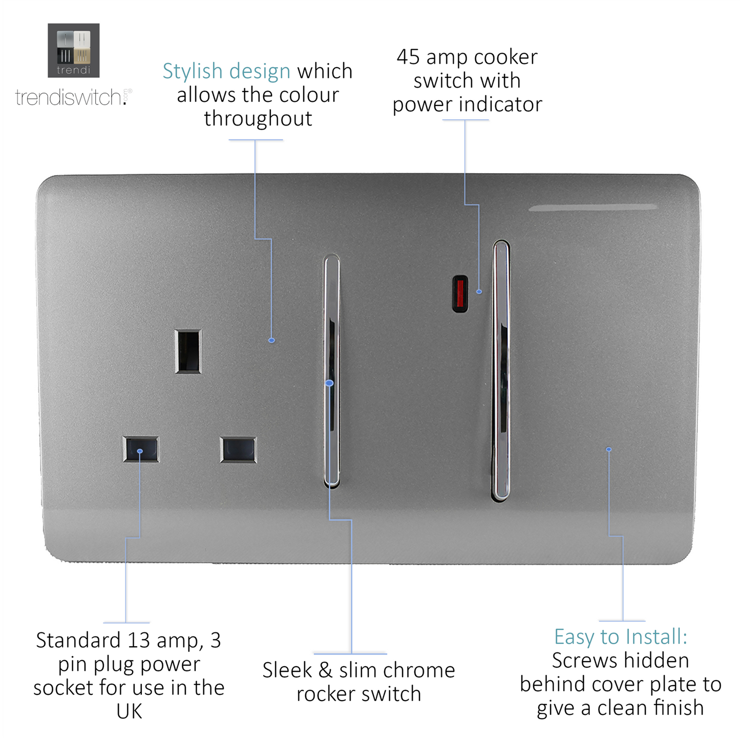 Trendi Artistic Modern Glossy 45 A Cooker Switch & Plug Socket Inc Neon Insert Light Grey