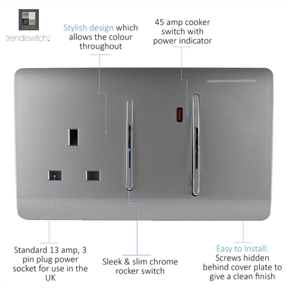 Trendi Artistic Modern Glossy 45 A Cooker Switch & Plug Socket Inc Neon Insert Light Grey
