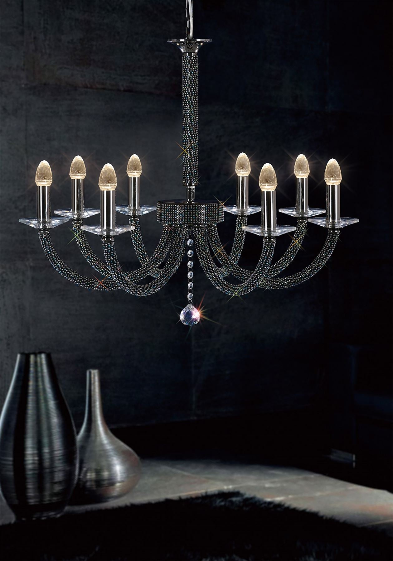 Diyas Elena 70cm  8 Light E14 Black Chrome/Crystal Ceiling Pendant Light Fitting