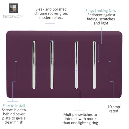 Trendi 4 Gang (2 Way & 1x Intermediate) Glossy 10 Amp Rocker Light Switch Plum
