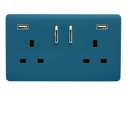Trendi 2 Gang Artistic Modern Glossy 13 Amp 2 x 3.1mA USB Switched Plug Socket Ocean Blue