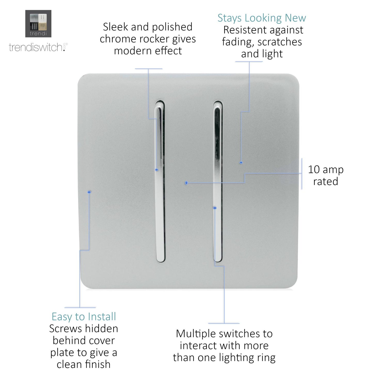 Trendi 2 Gang (2 Way & 3 way Intermediate) 240V Screwless Raised Front Plate Plastic Artistic Modern Glossy 10 Amp Chrome Rocker Double Electrical Wall Light Switch Platinum Silver- ART-SS29SI