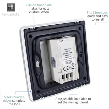 Trendi 1 Gang 2 Way 240V 100w LED Dimmer Screwless Raised Front Plate Plastic Artistic Modern Glossy 10 Amp Chrome Single Electrical Wall Light Switch in Moss Green - ART-LDMMG