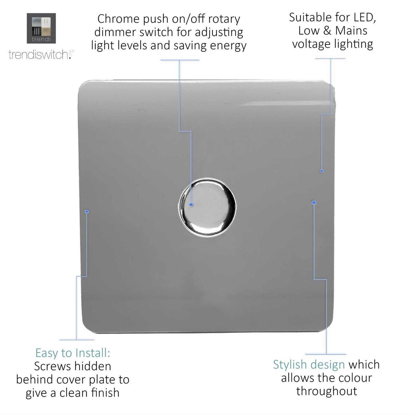 Trendi 1 Gang 2 Way 240V 100w LED Dimmer Screwless Raised Front Plate Plastic Artistic Modern Glossy 10 Amp Chrome Single Electrical Wall Light Switch in Light Grey - ART-LDMLG