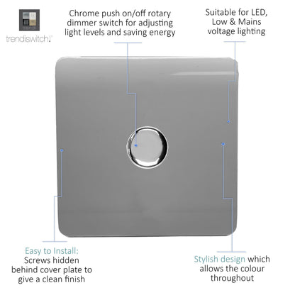 Trendi 1 Gang 2 Way 240V 100w LED Dimmer Screwless Raised Front Plate Plastic Artistic Modern Glossy 10 Amp Chrome Single Electrical Wall Light Switch in Light Grey - ART-LDMLG